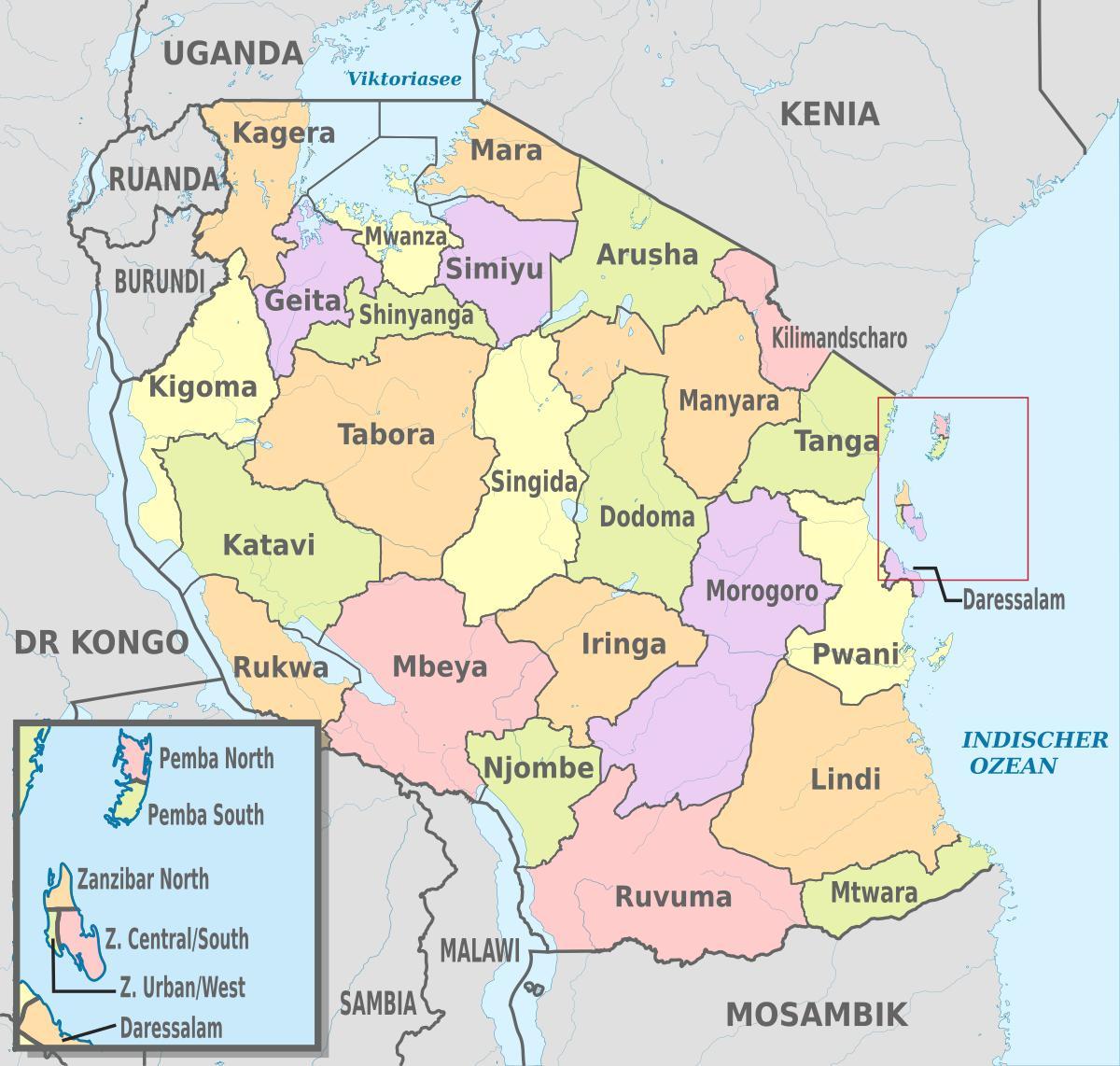 map of tanzania showing regions and districts