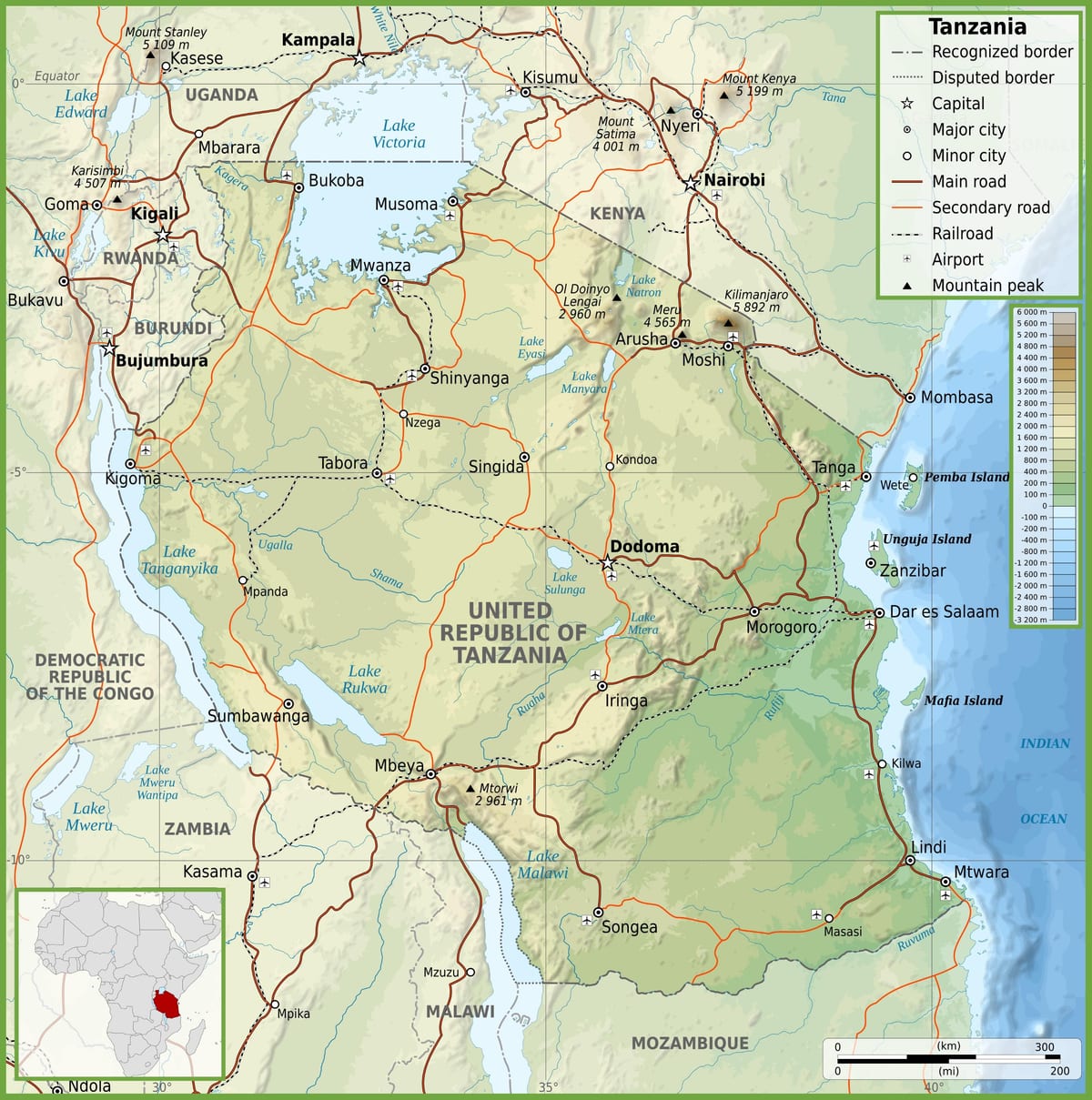 Map of road tanzania with distances